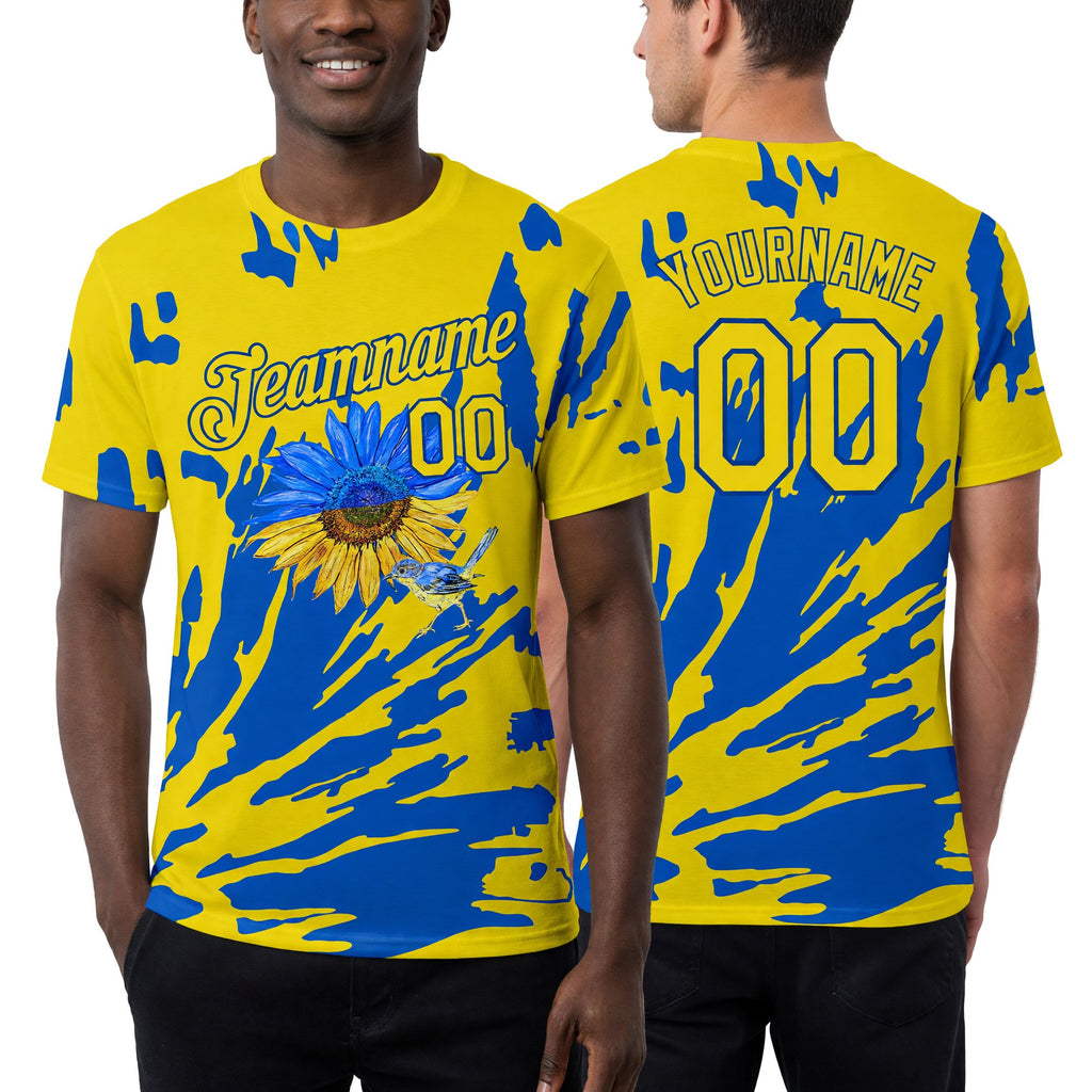 Custom 3D Pattern Design Ukraine Sunflower Nightingale Performance T-Shirt worn front and back