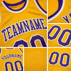 Custom Gold Purple-White Authentic Throwback Basketball Jersey detail