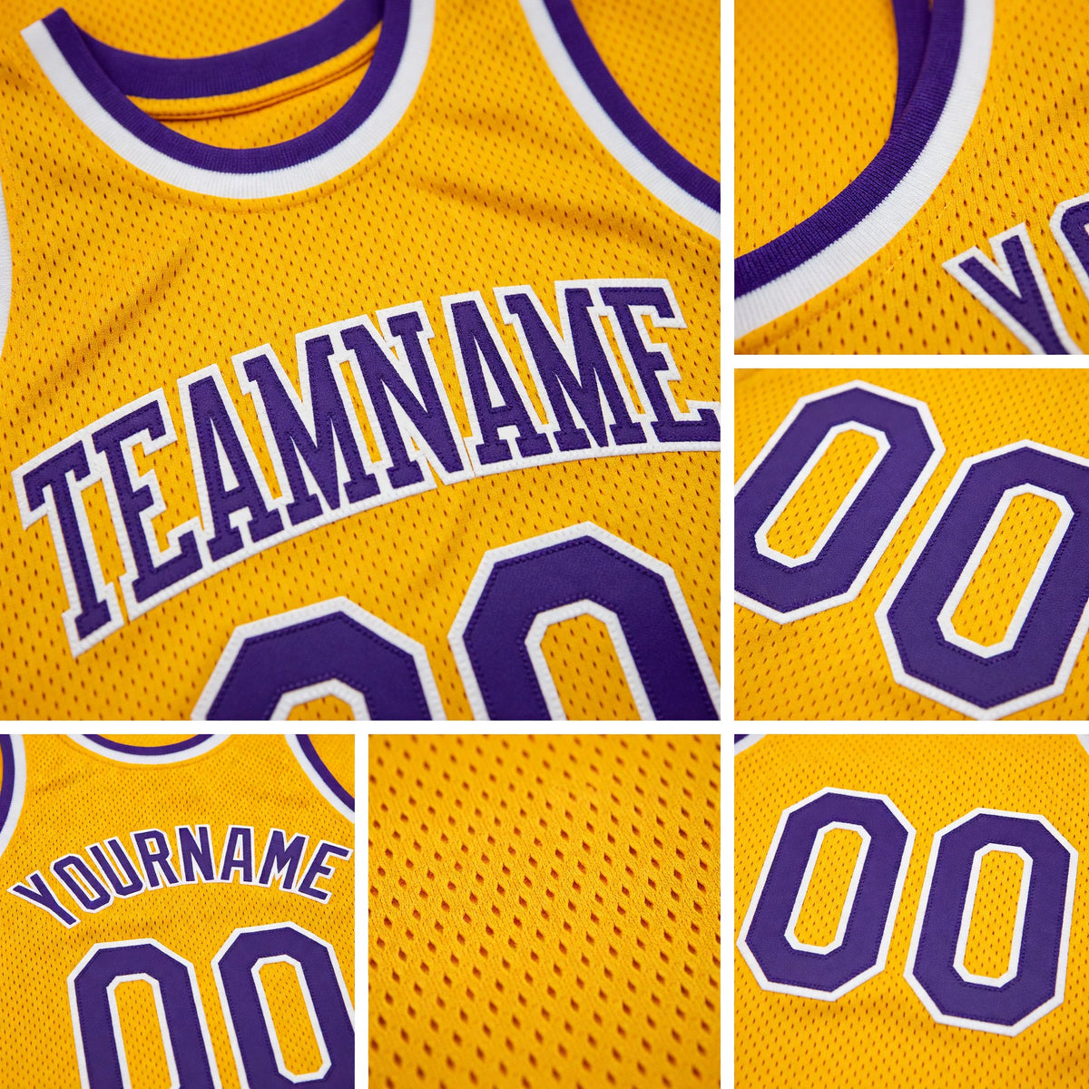 Custom Gold Purple-White Authentic Throwback Basketball Jersey detail