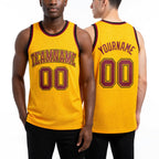 Custom Gold Maroon-Black Authentic Throwback Basketball Jersey worn front and back