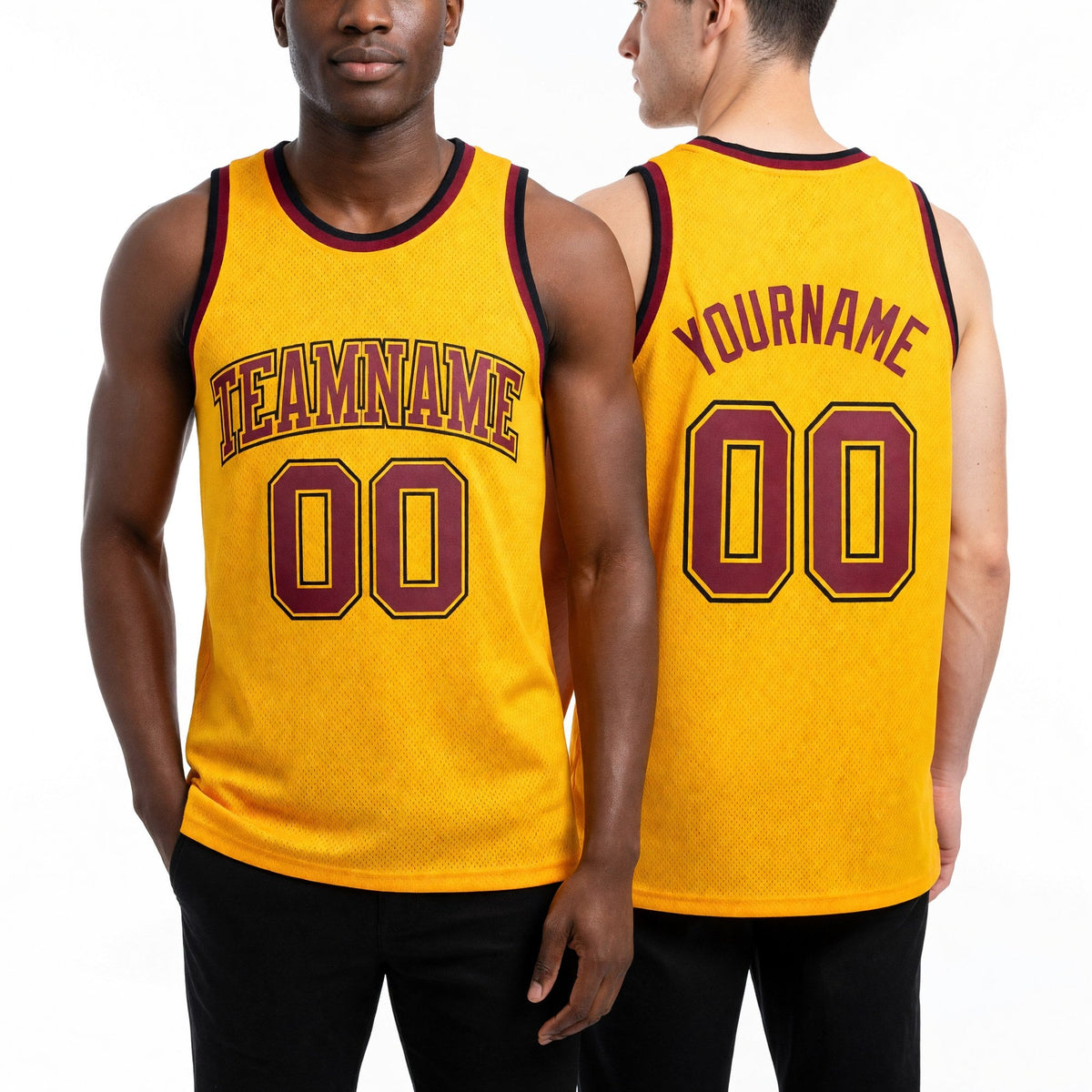 Custom Gold Maroon-Black Authentic Throwback Basketball Jersey worn front and back