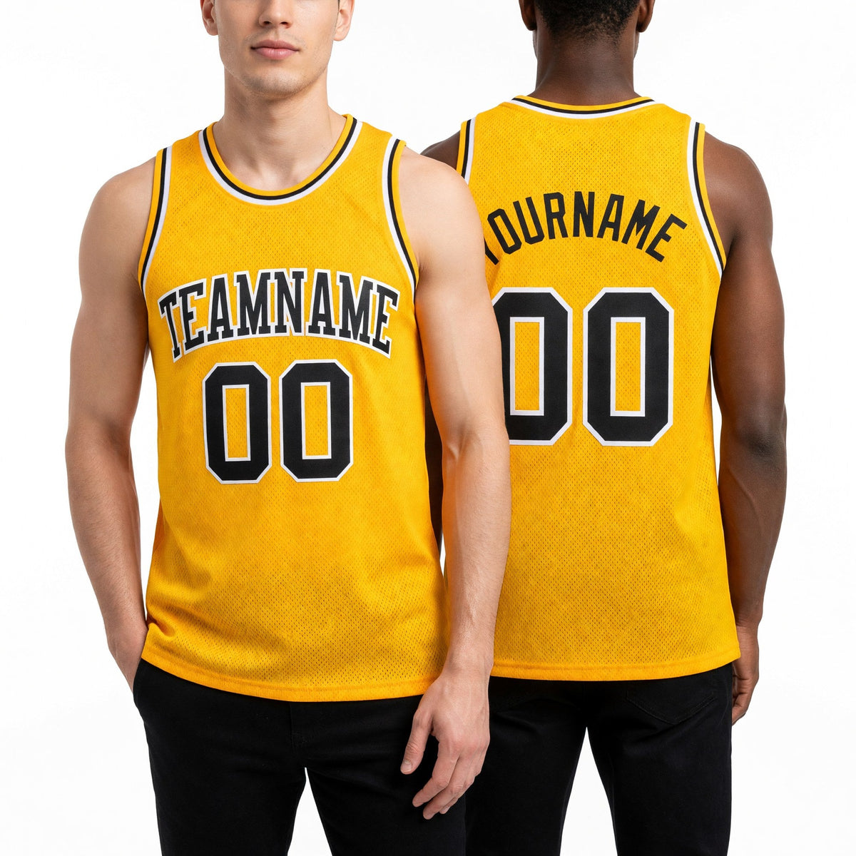 Custom Gold Black-White Authentic Throwback Basketball Jersey worn front and back