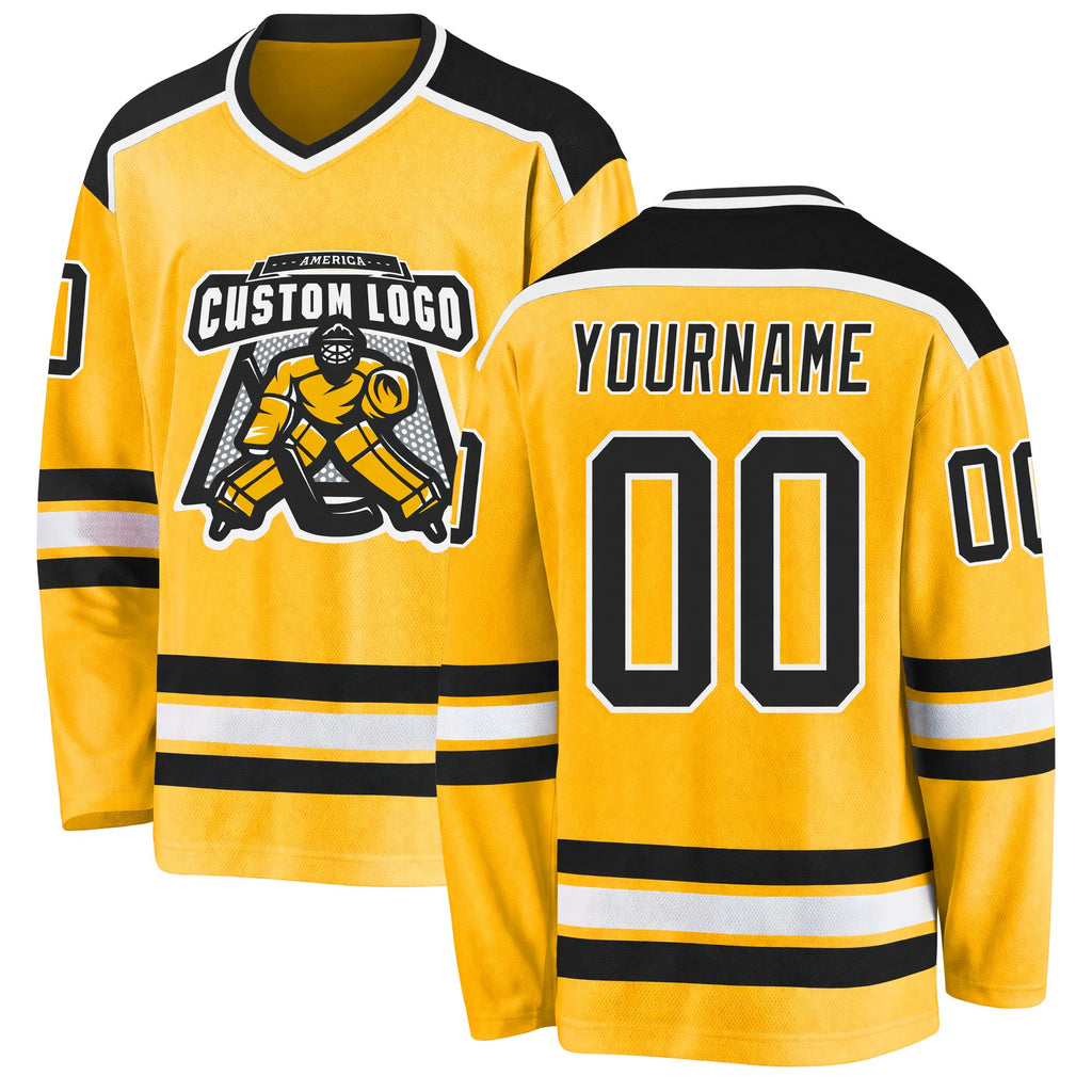 Custom Gold Black-White Hockey Jersey