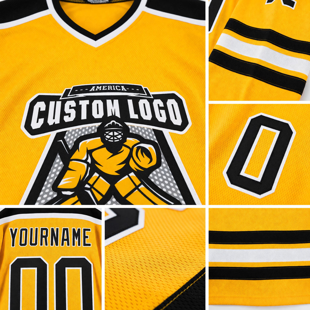 Custom Gold Black-White Hockey Jersey detail