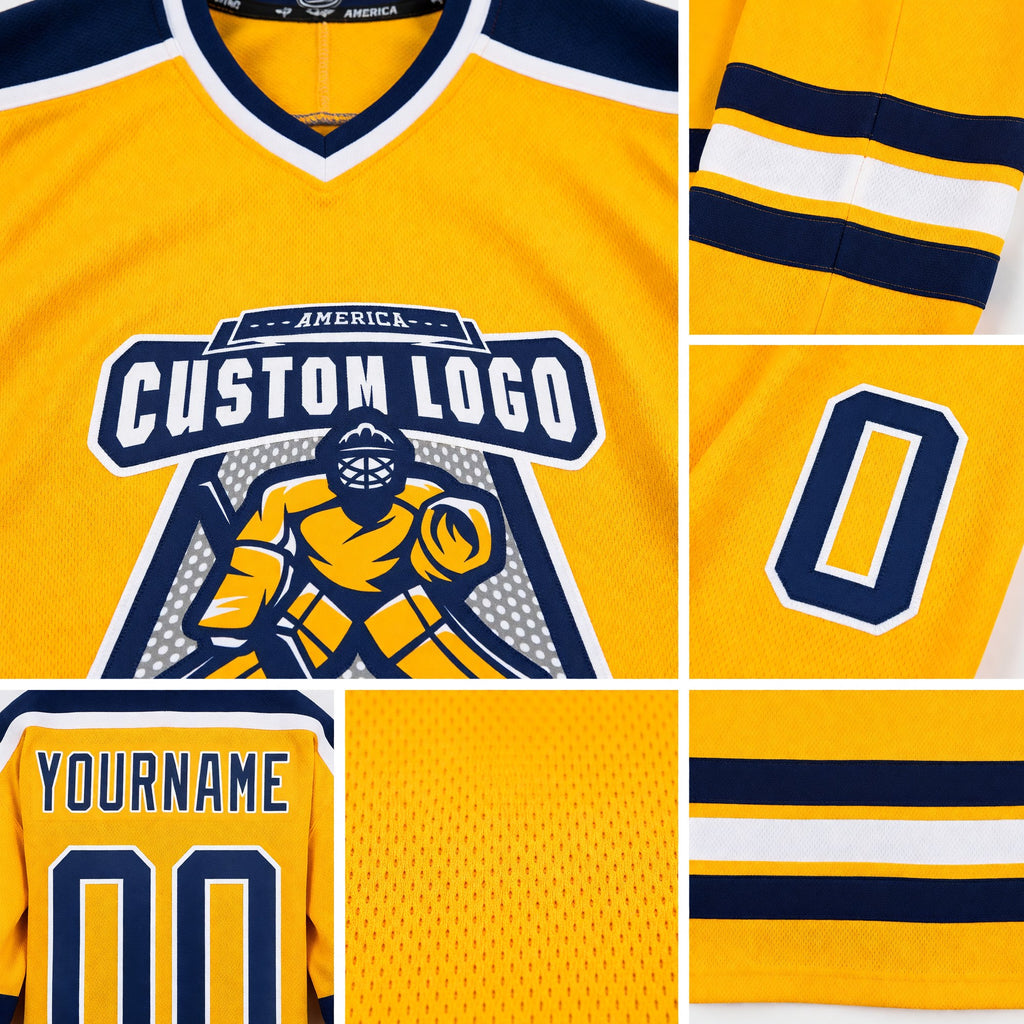 Custom Gold Navy-White Hockey Jersey detail