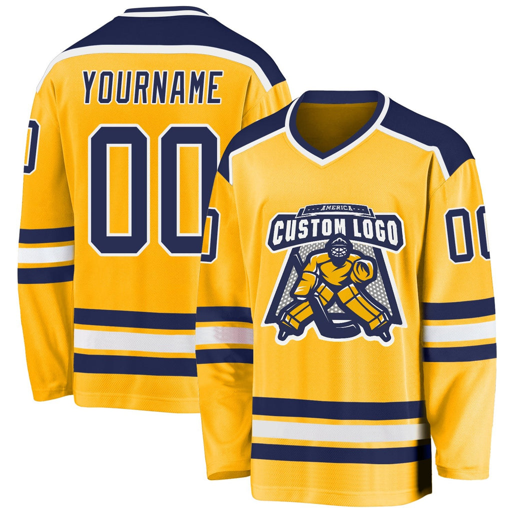 Custom Gold Navy-White Hockey Jersey photo 1