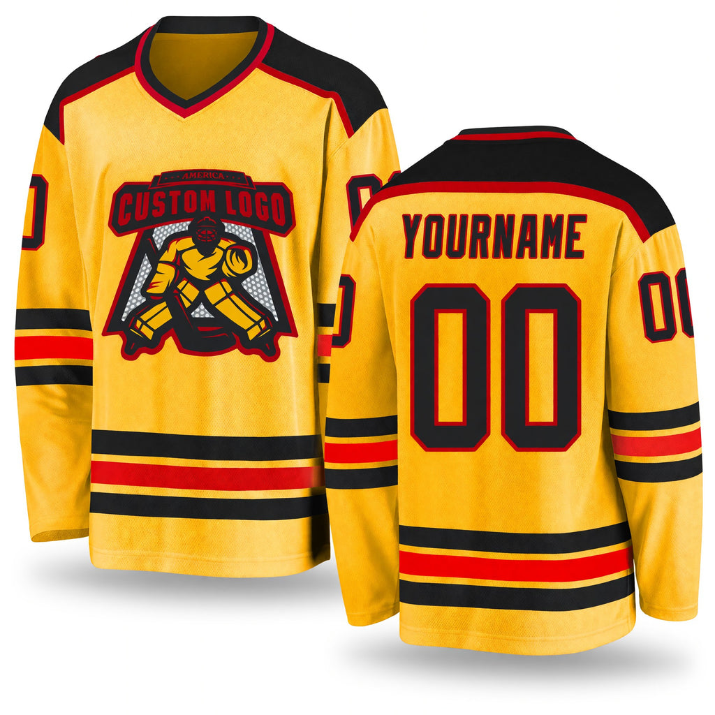 Custom Gold Black-Red Hockey Jersey