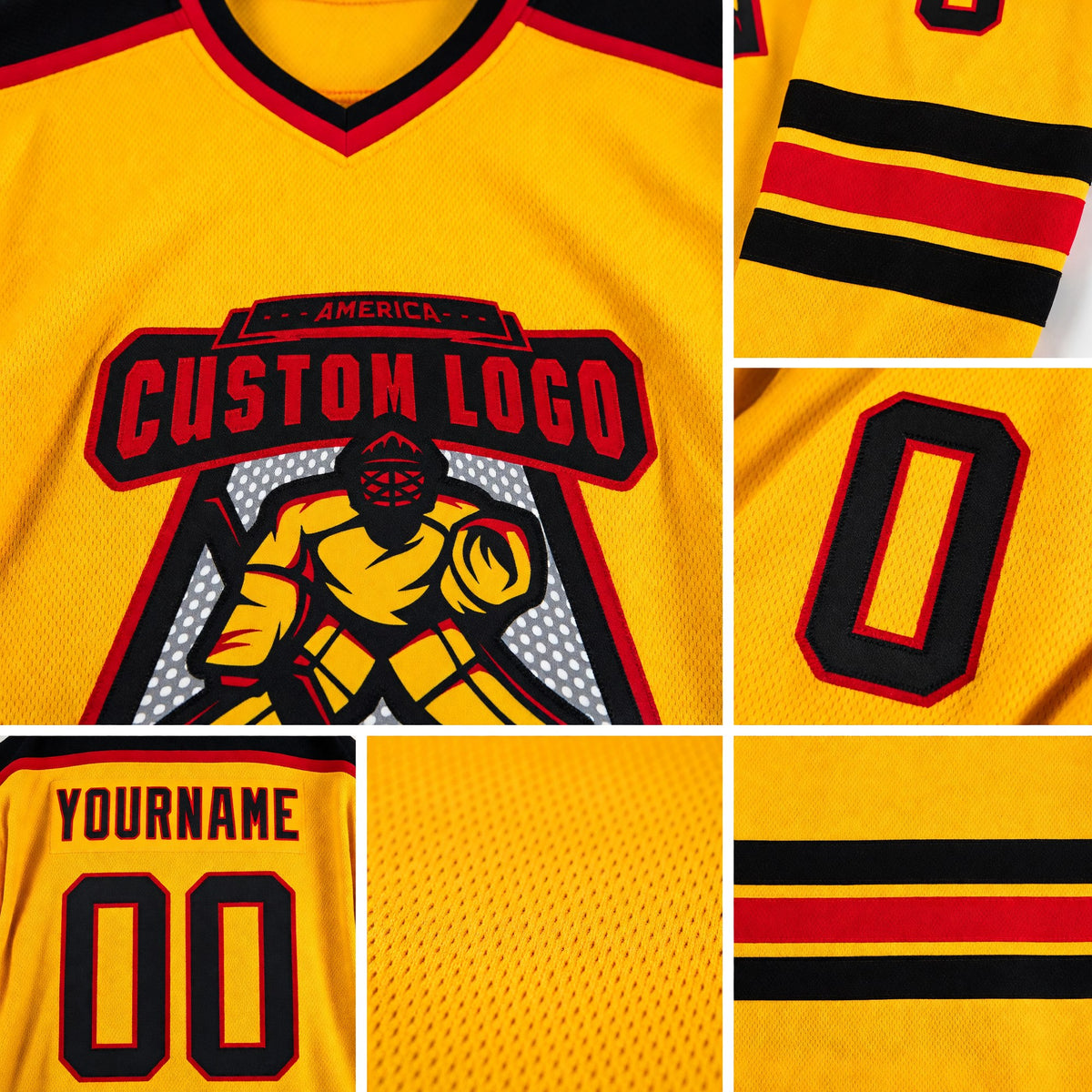 Custom Gold Black-Red Hockey Jersey detail
