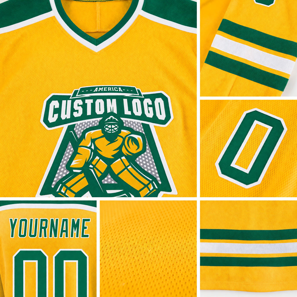 Custom Gold Kelly Green-White Hockey Jersey detail