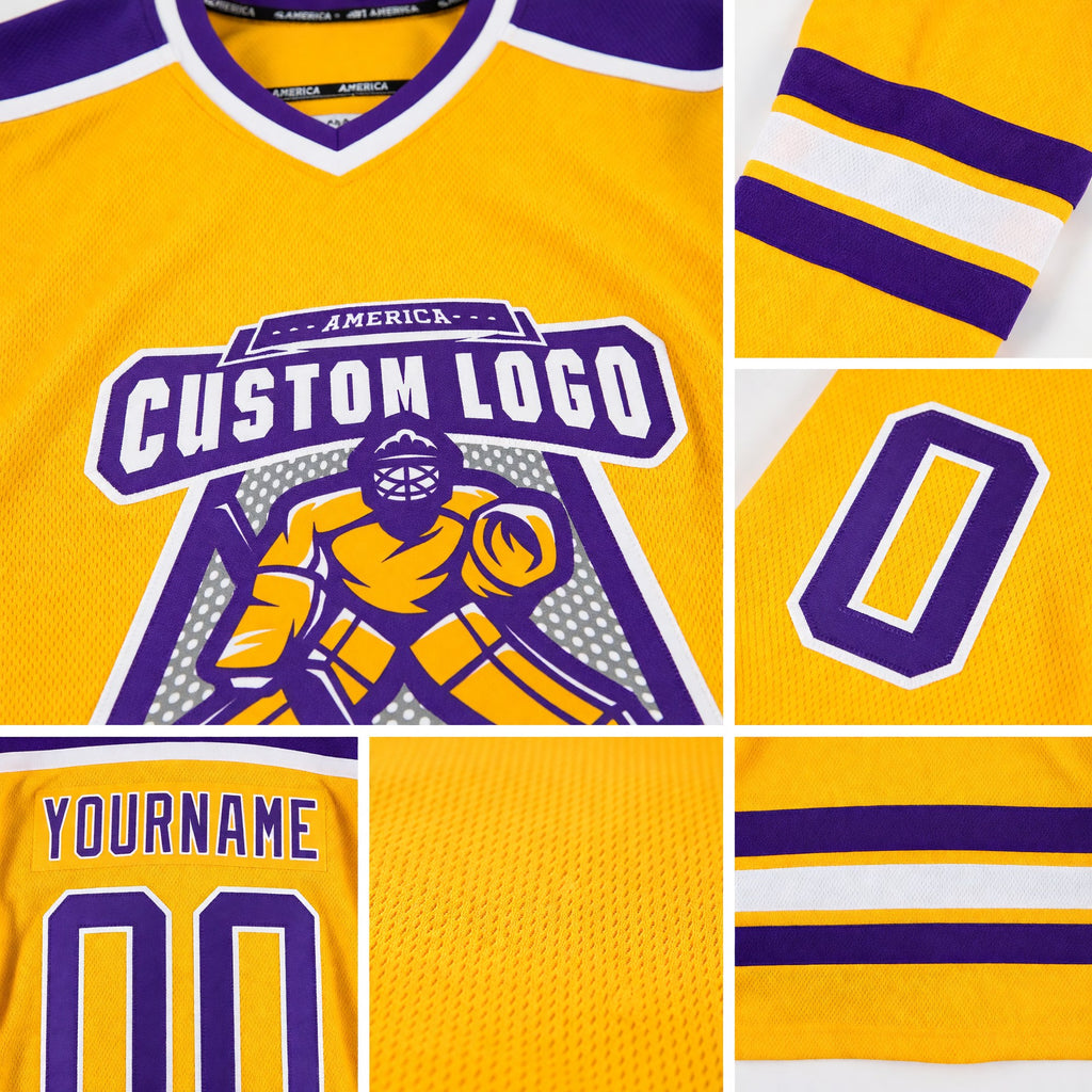 Custom Gold Purple-White Hockey Jersey detail
