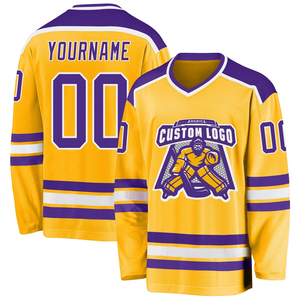 Custom Gold Purple-White Hockey Jersey photo 1