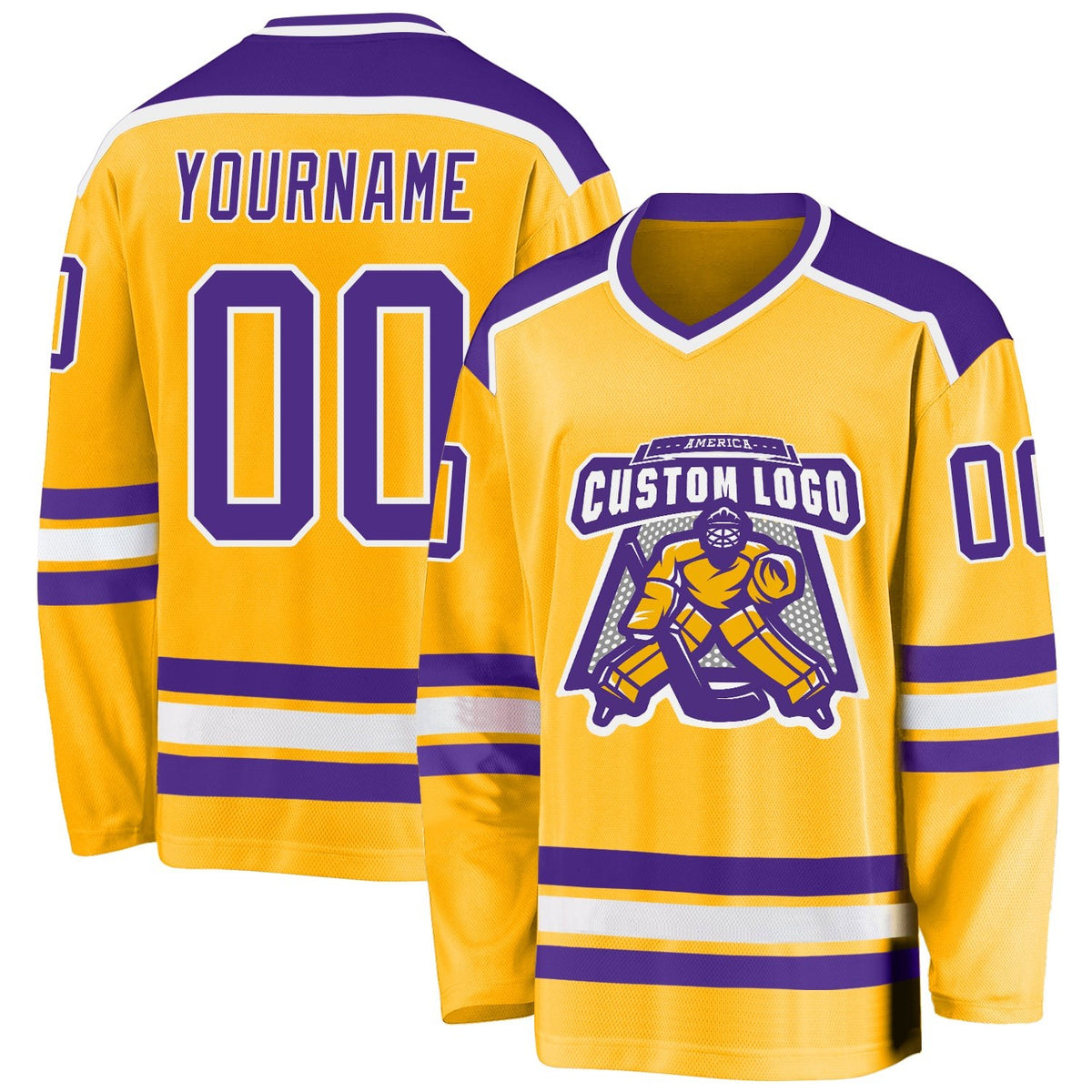 Custom Gold Purple-White Hockey Jersey photo 1