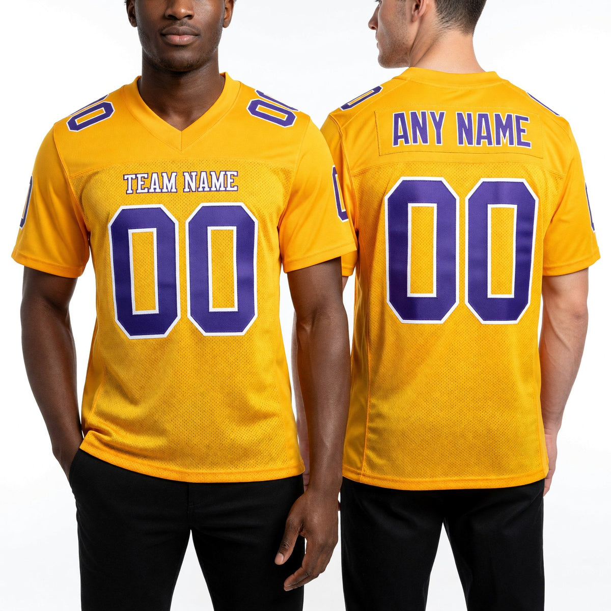 Custom Gold Purple-White Mesh Authentic Football Jersey worn front and back