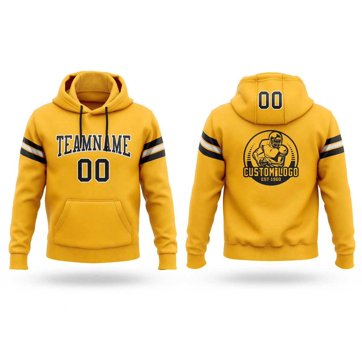 Custom Stitched Gold Black-White Football Pullover Sweatshirt Hoodie