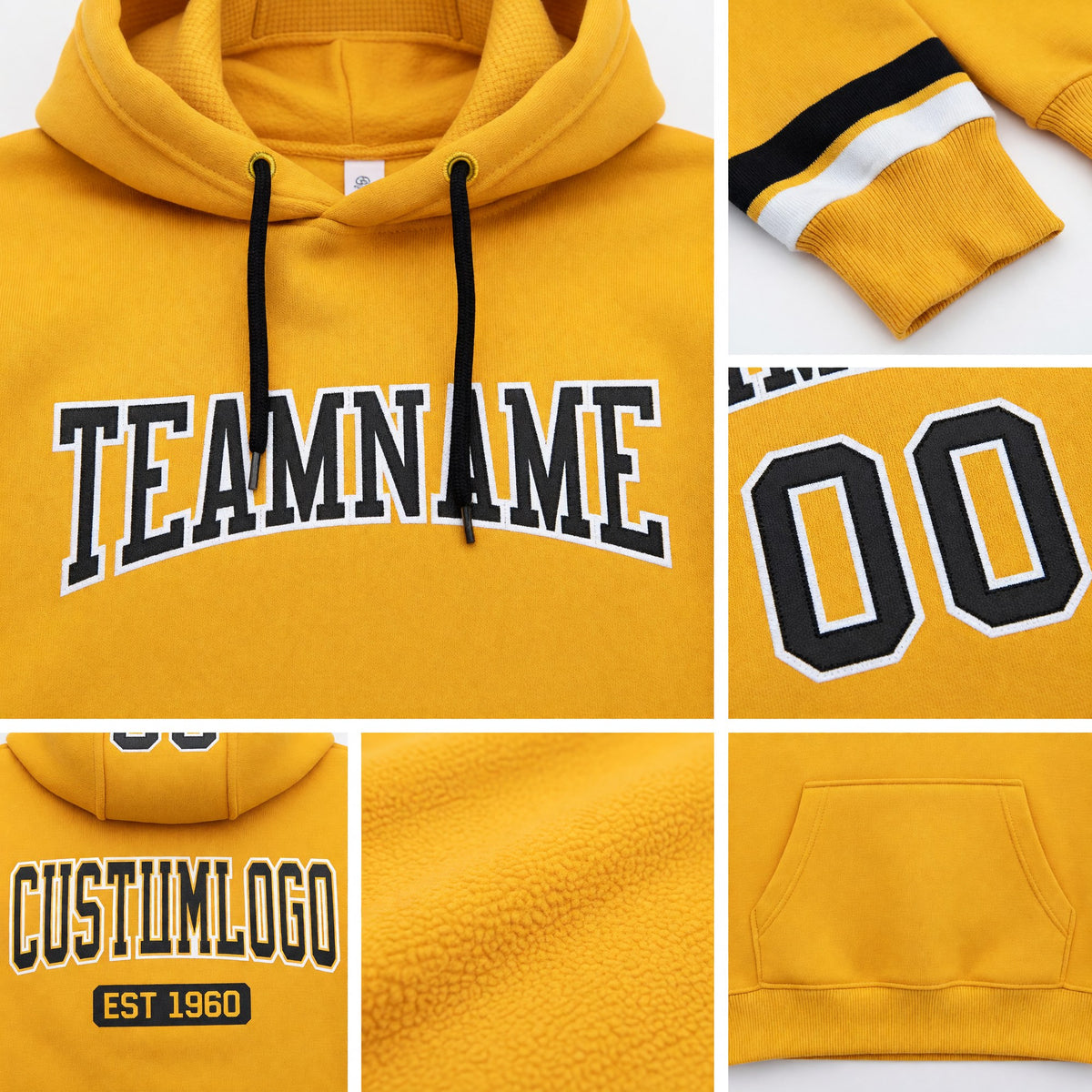 Custom Stitched Gold Black-White Football Pullover Sweatshirt Hoodie detail