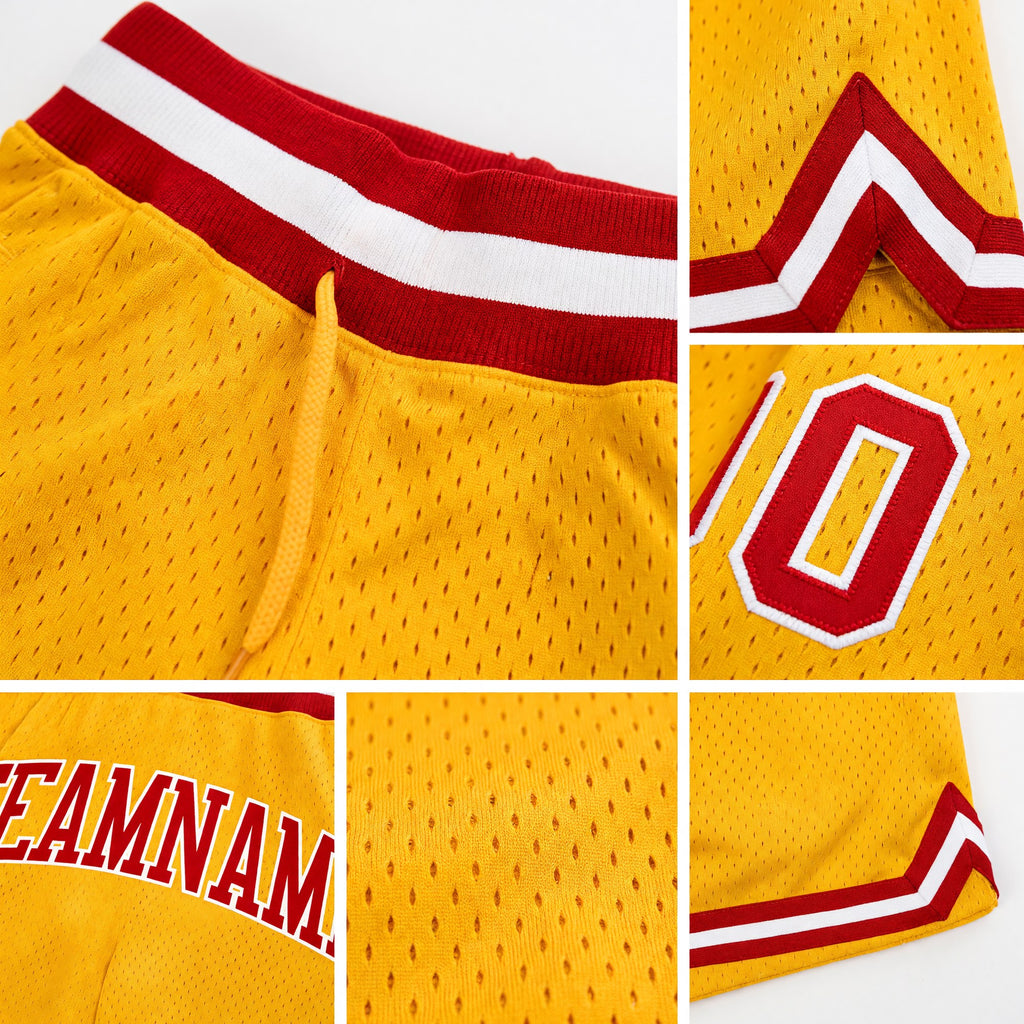 Custom Gold Red-White Authentic Throwback Basketball Shorts detail