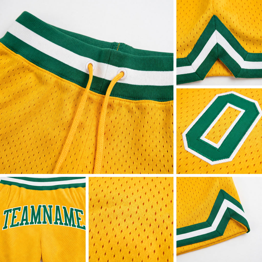Custom Gold Kelly Green-White Authentic Throwback Basketball Shorts detail