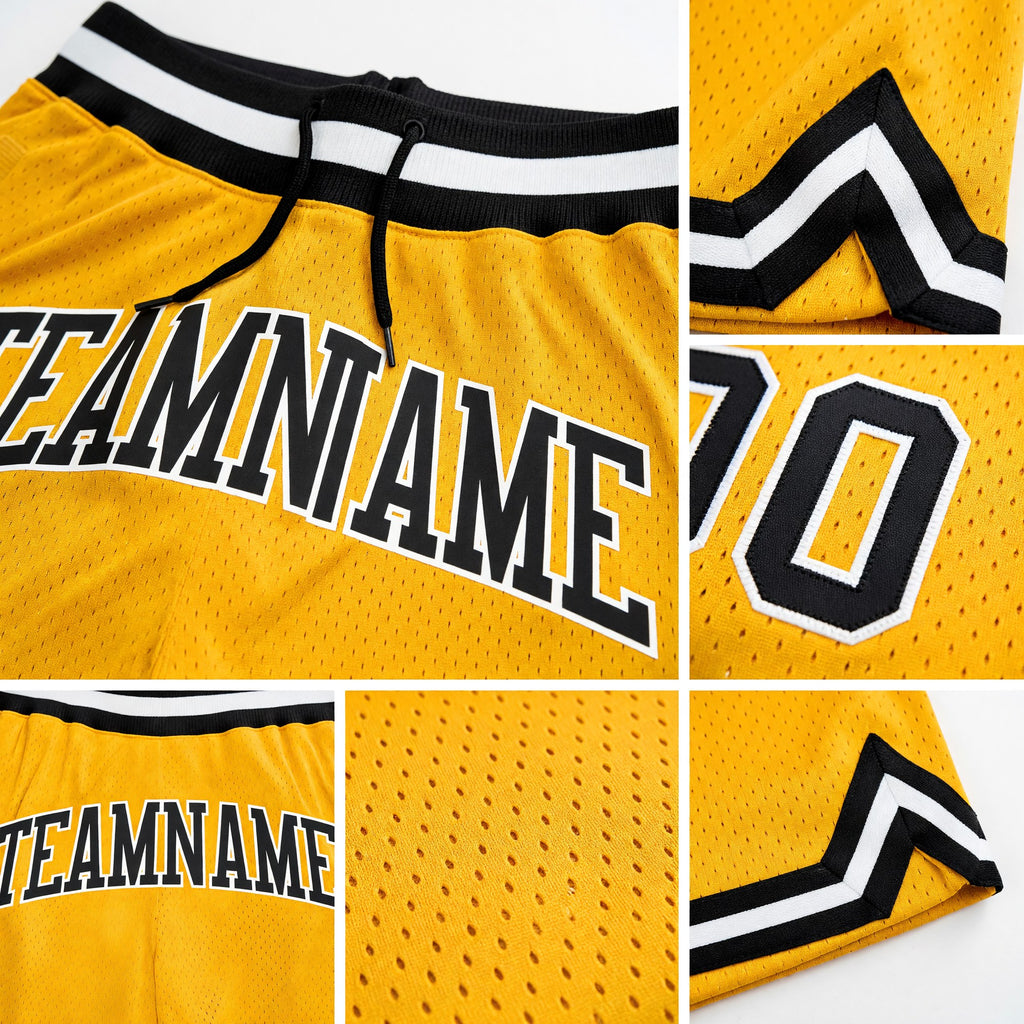 Custom Gold Black-White Authentic Throwback Basketball Shorts detail