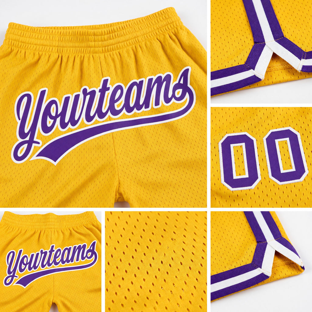Custom Gold Purple-White Authentic Throwback Basketball Shorts detail