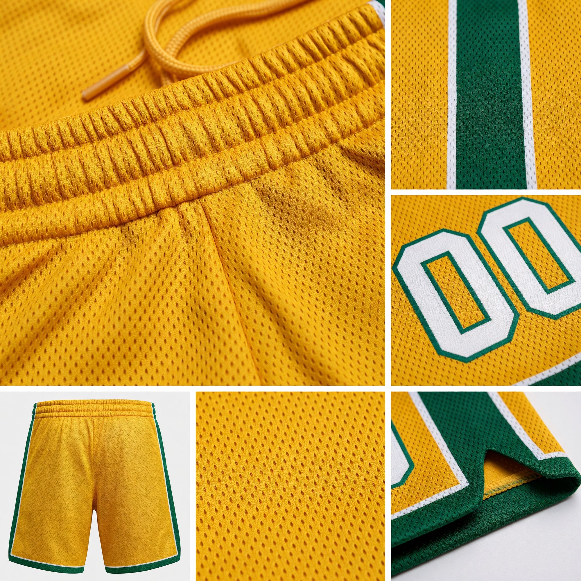 Custom Gold White-Kelly Green Authentic Basketball Shorts detail