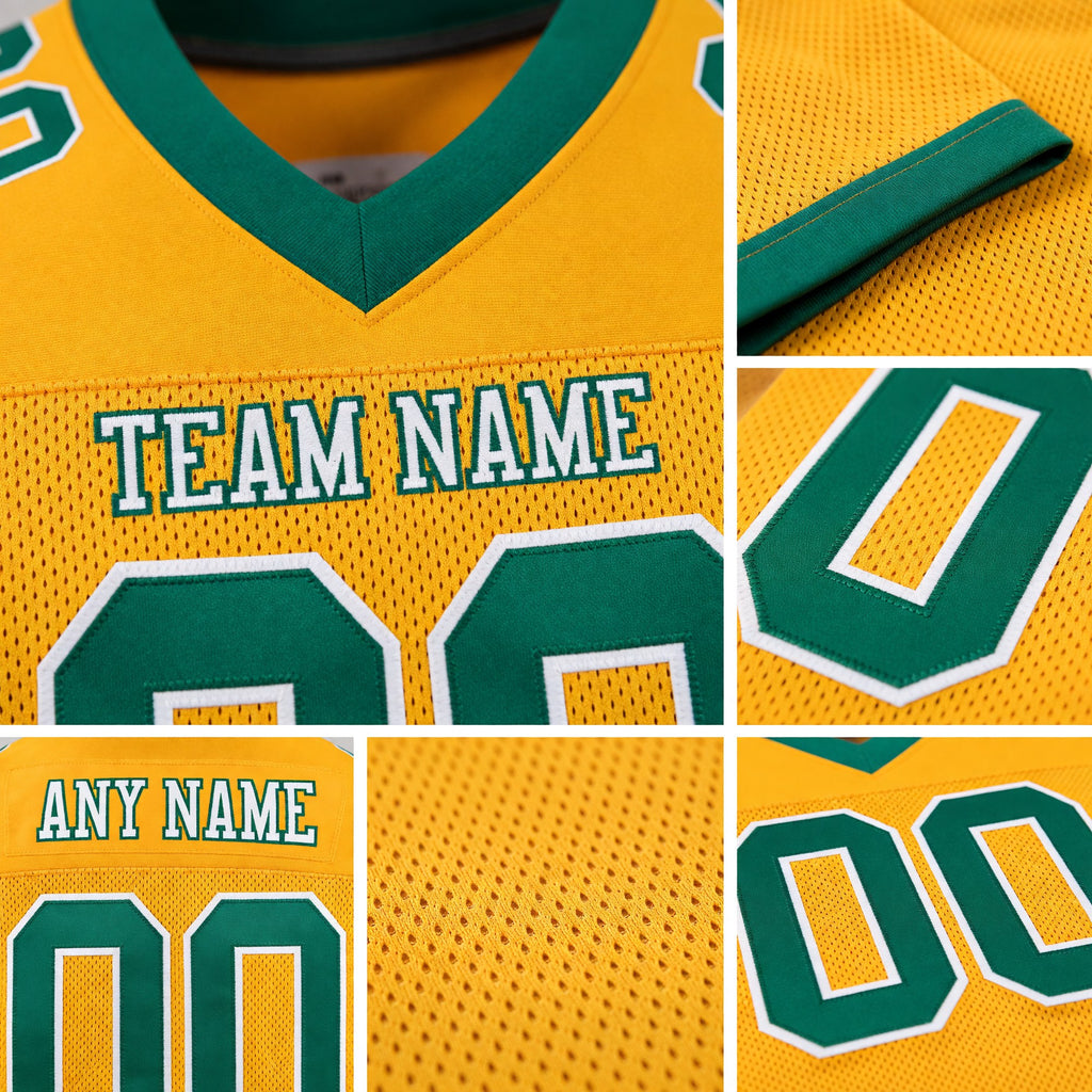 Custom Gold Kelly Green-White Mesh Authentic Football Jersey detail