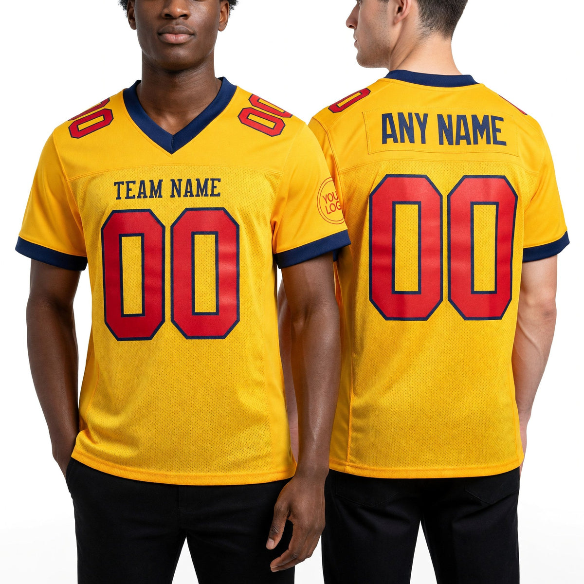 Custom Gold Red-Navy Mesh Authentic Football Jersey worn front and back