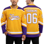 Custom Gold White-Purple Hockey Lace Neck Jersey worn front and back