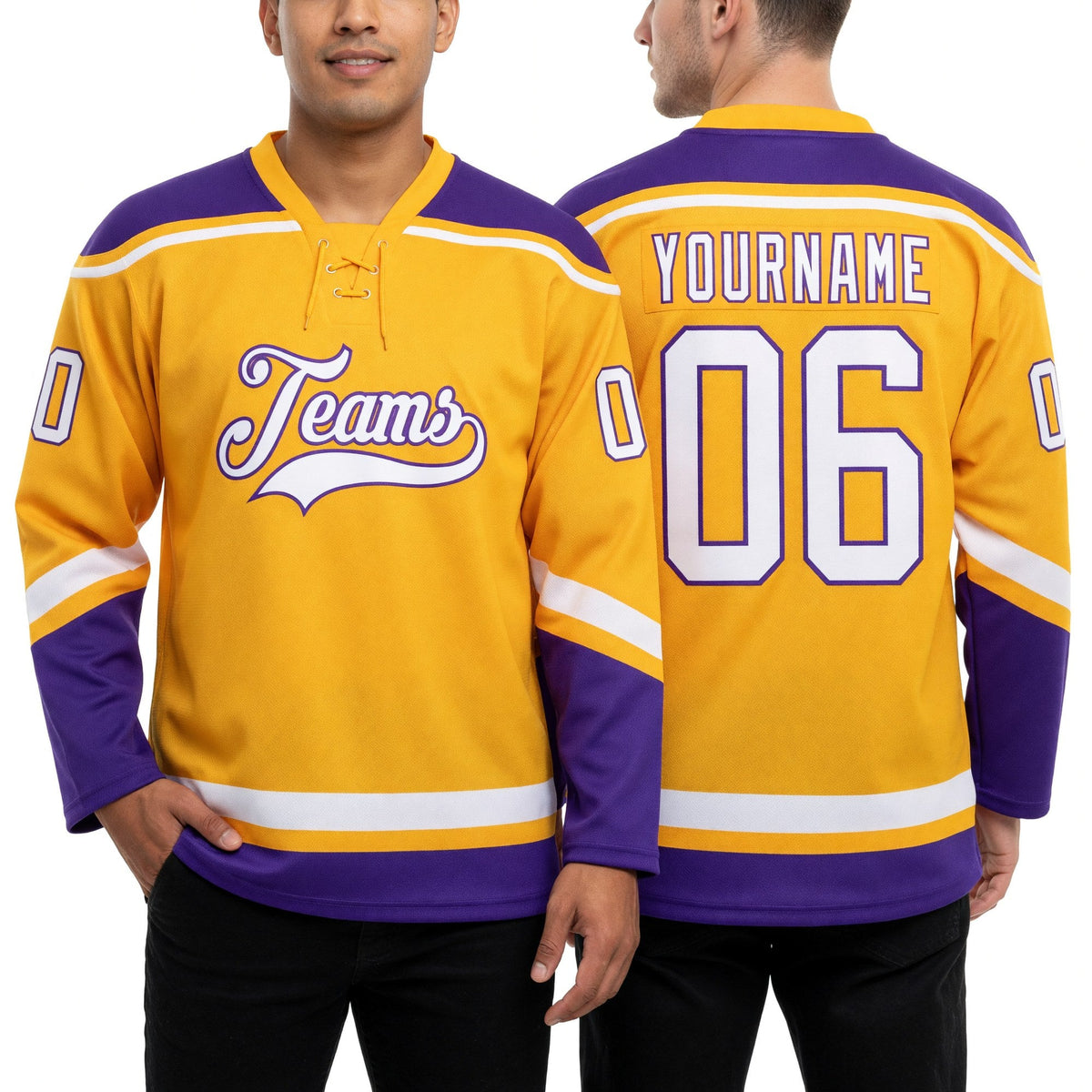 Custom Gold White-Purple Hockey Lace Neck Jersey worn front and back
