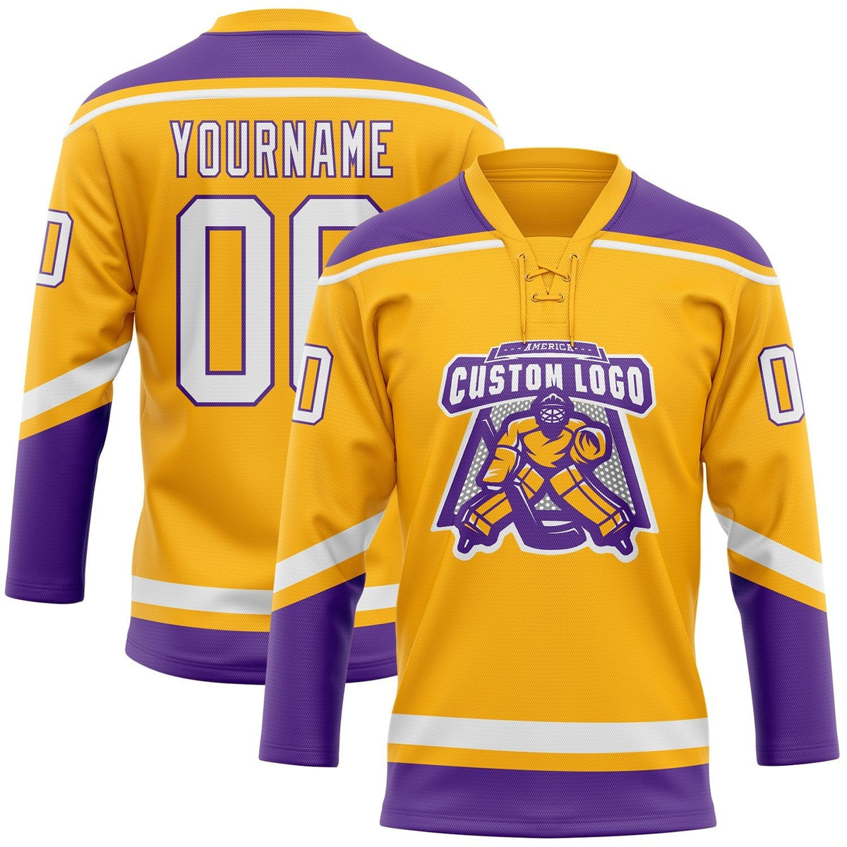 Custom Gold White-Purple Hockey Lace Neck Jersey photo 2