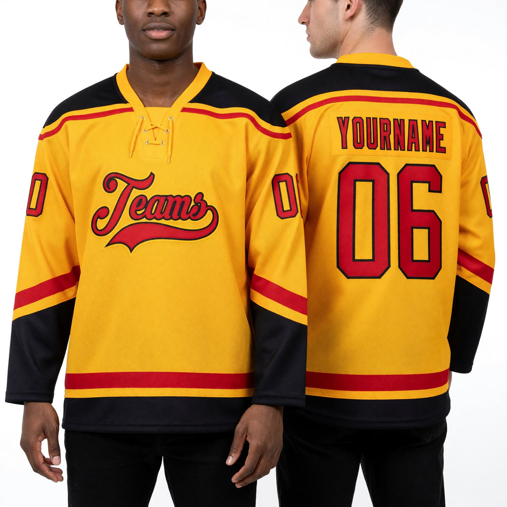Custom Gold Red-Black Hockey Lace Neck Jersey worn front and back
