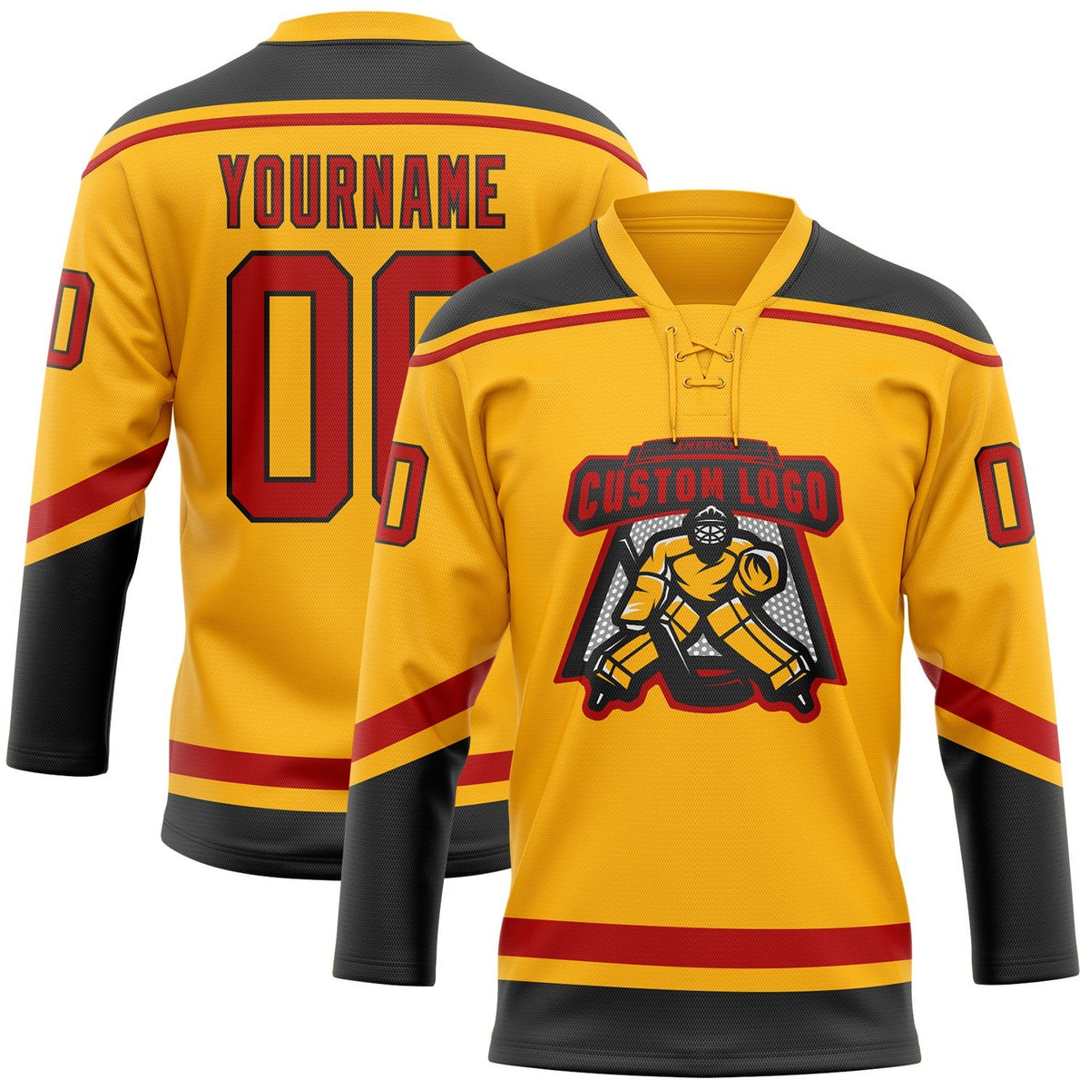 Custom Gold Red-Black Hockey Lace Neck Jersey photo 2