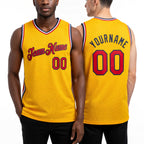 Custom Gold Red Navy-White Authentic Throwback Basketball Jersey worn front and back