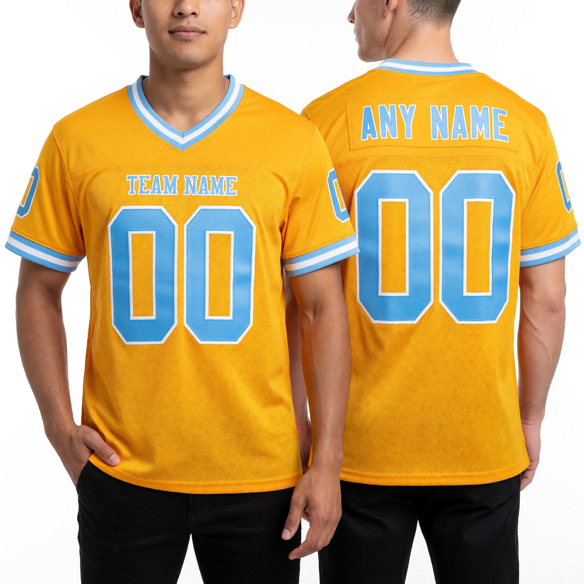 Custom Gold Light Blue-White Mesh Authentic Throwback Football Jersey worn front and back