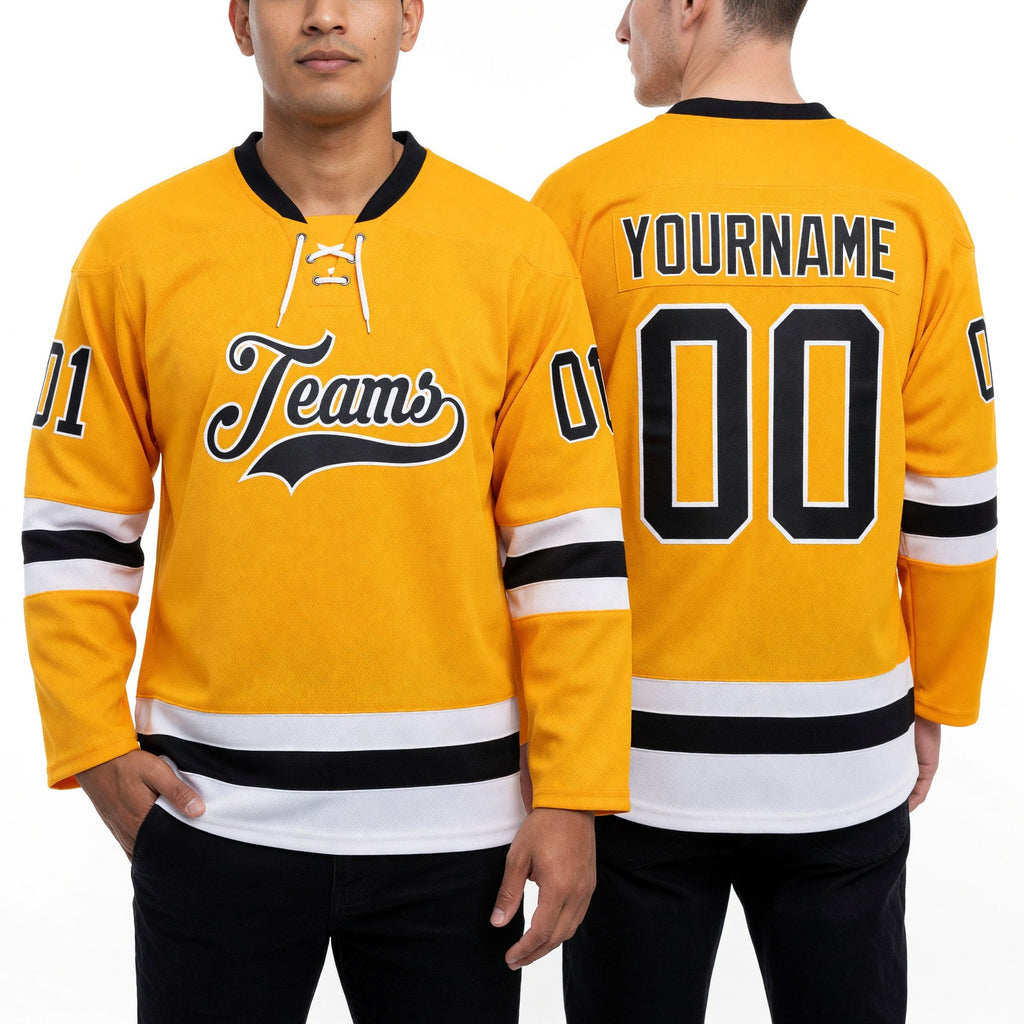 Custom Gold Black-White Hockey Lace Neck Jersey worn front and back