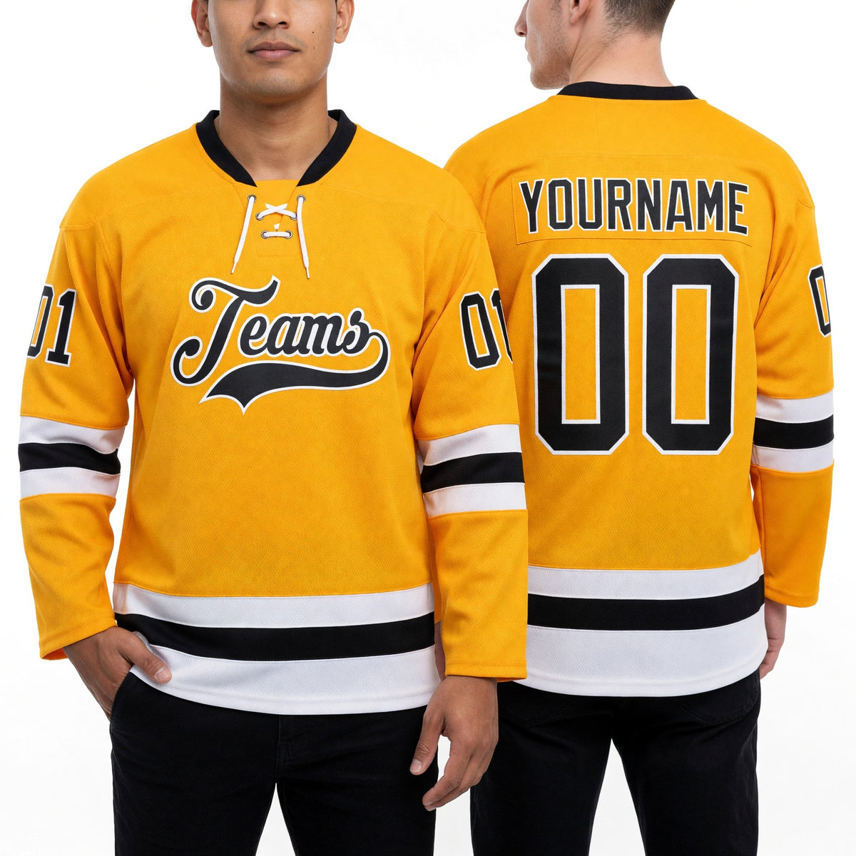 Custom Gold Black-White Hockey Lace Neck Jersey worn front and back