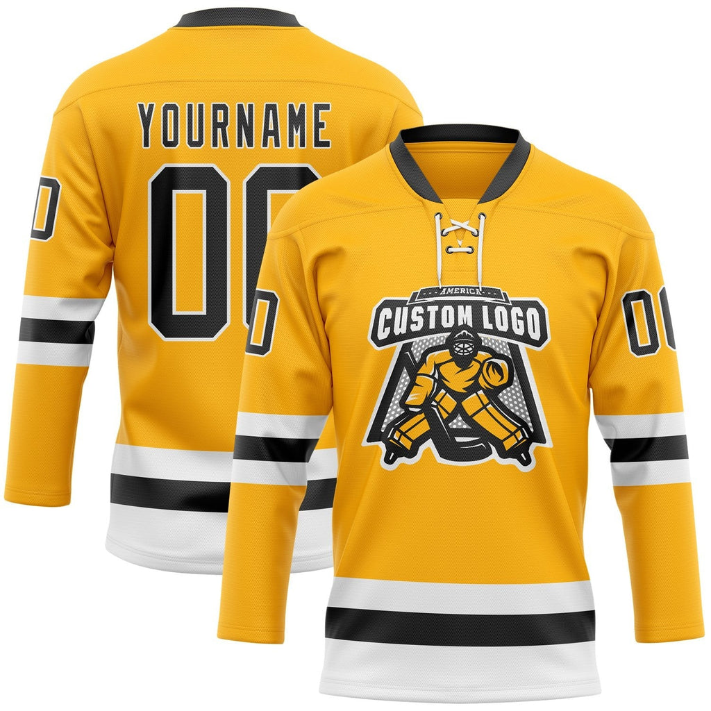 Custom Gold Black-White Hockey Lace Neck Jersey photo 2