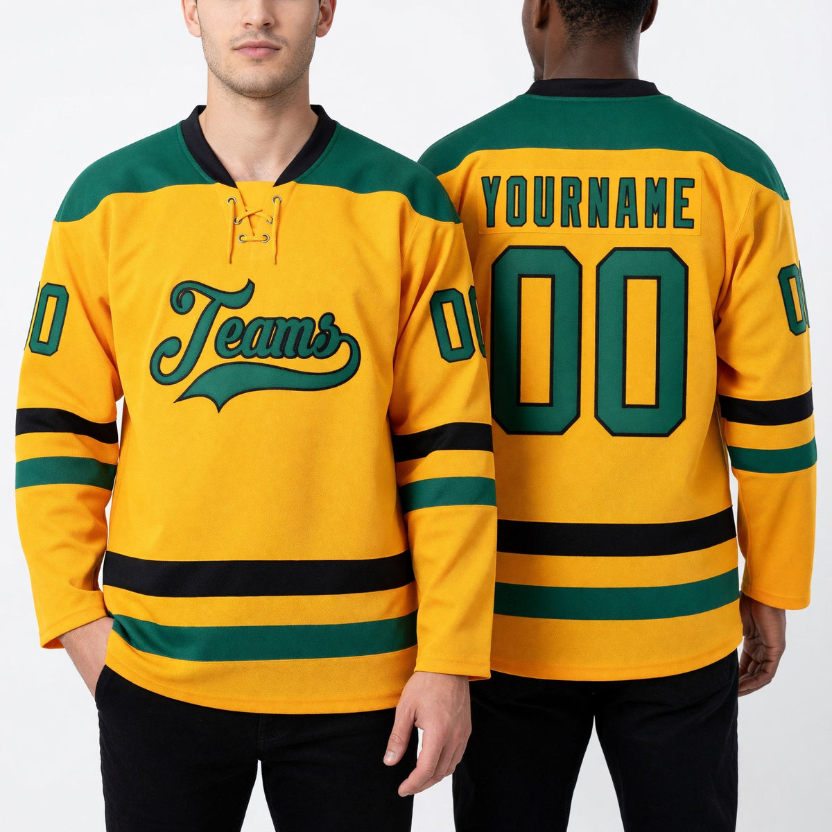 Custom Gold Kelly Green-Black Hockey Lace Neck Jersey worn front and back