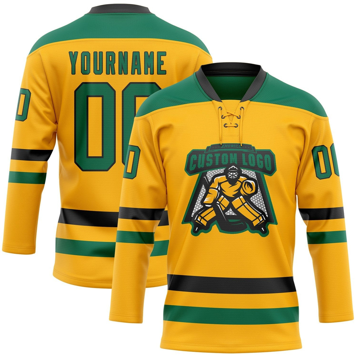 Custom Gold Kelly Green-Black Hockey Lace Neck Jersey photo 2