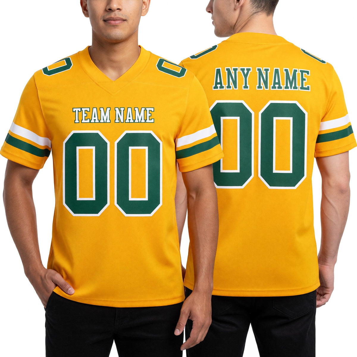 Custom Gold Green-White Authentic Football Jersey worn front and back