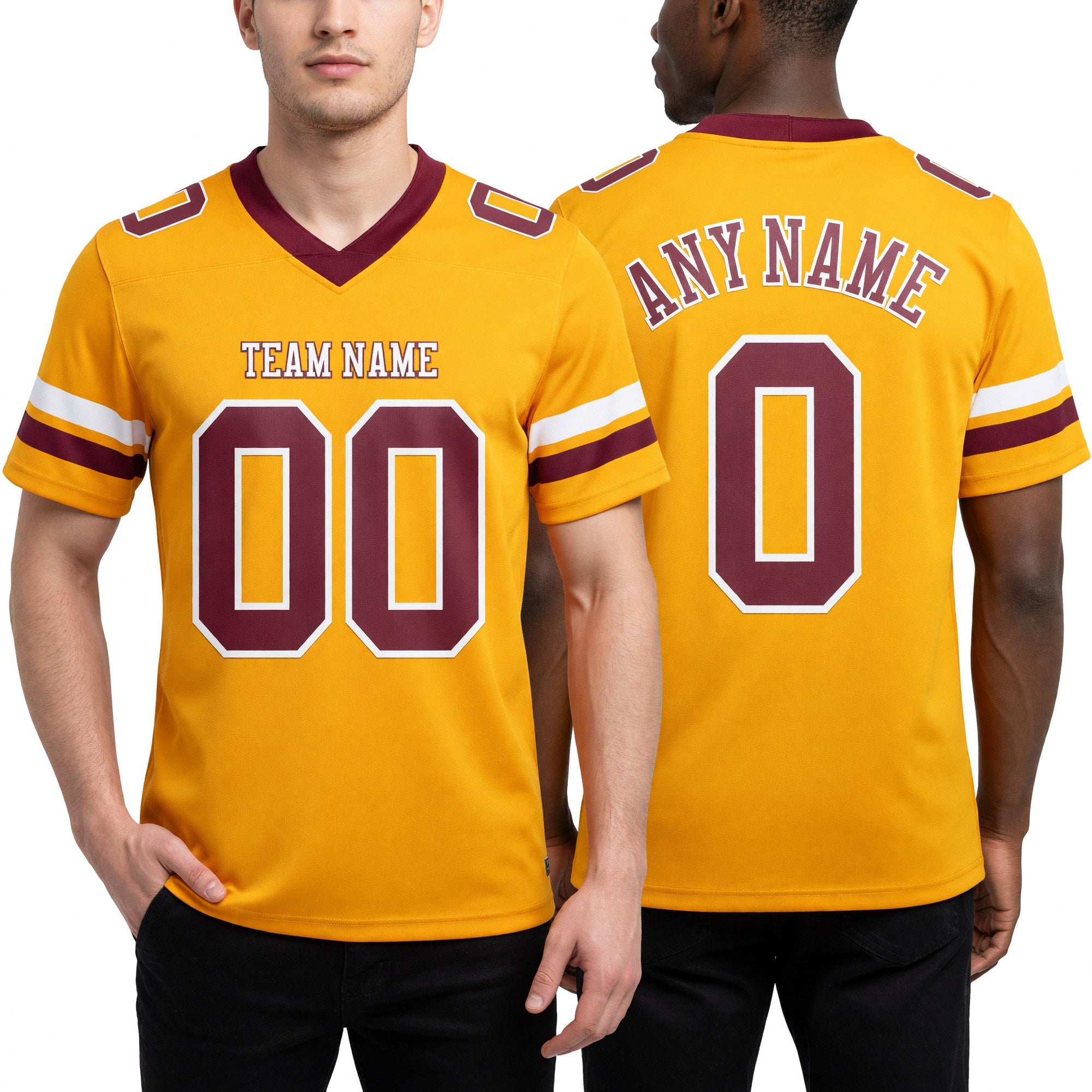 Custom Gold Burgundy-White Authentic Football Jersey worn front and back