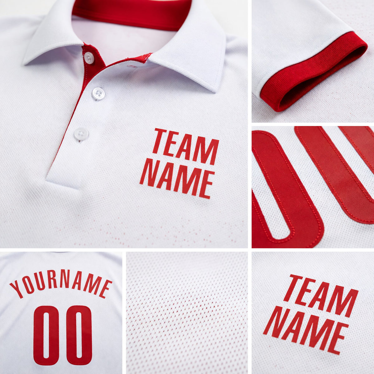 Custom White Red Performance Golf Polo Shirt detail