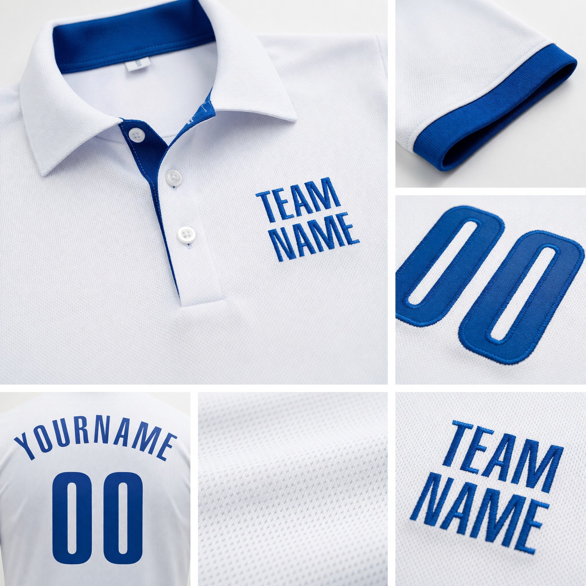 Custom White Royal Performance Golf Polo Shirt detail