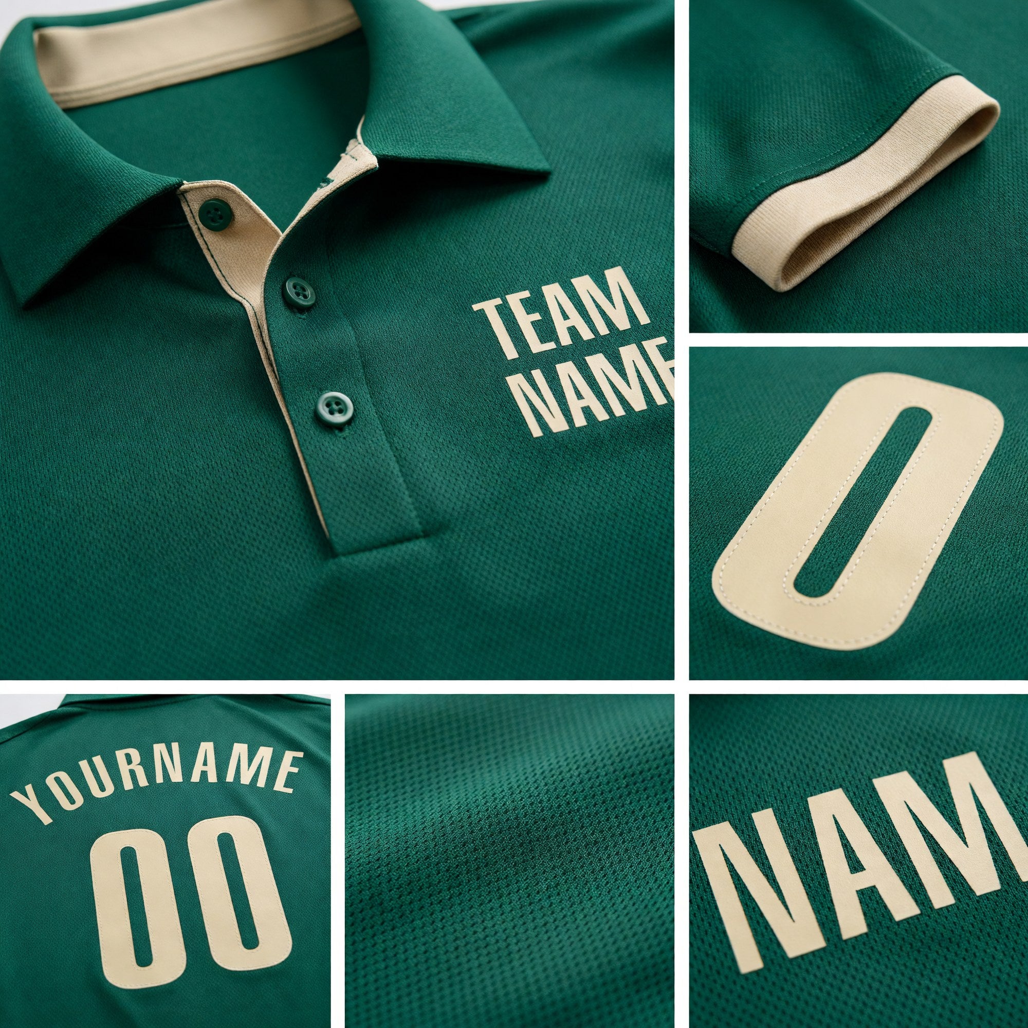 Custom Kelly Green Cream Performance Golf Polo Shirt detail