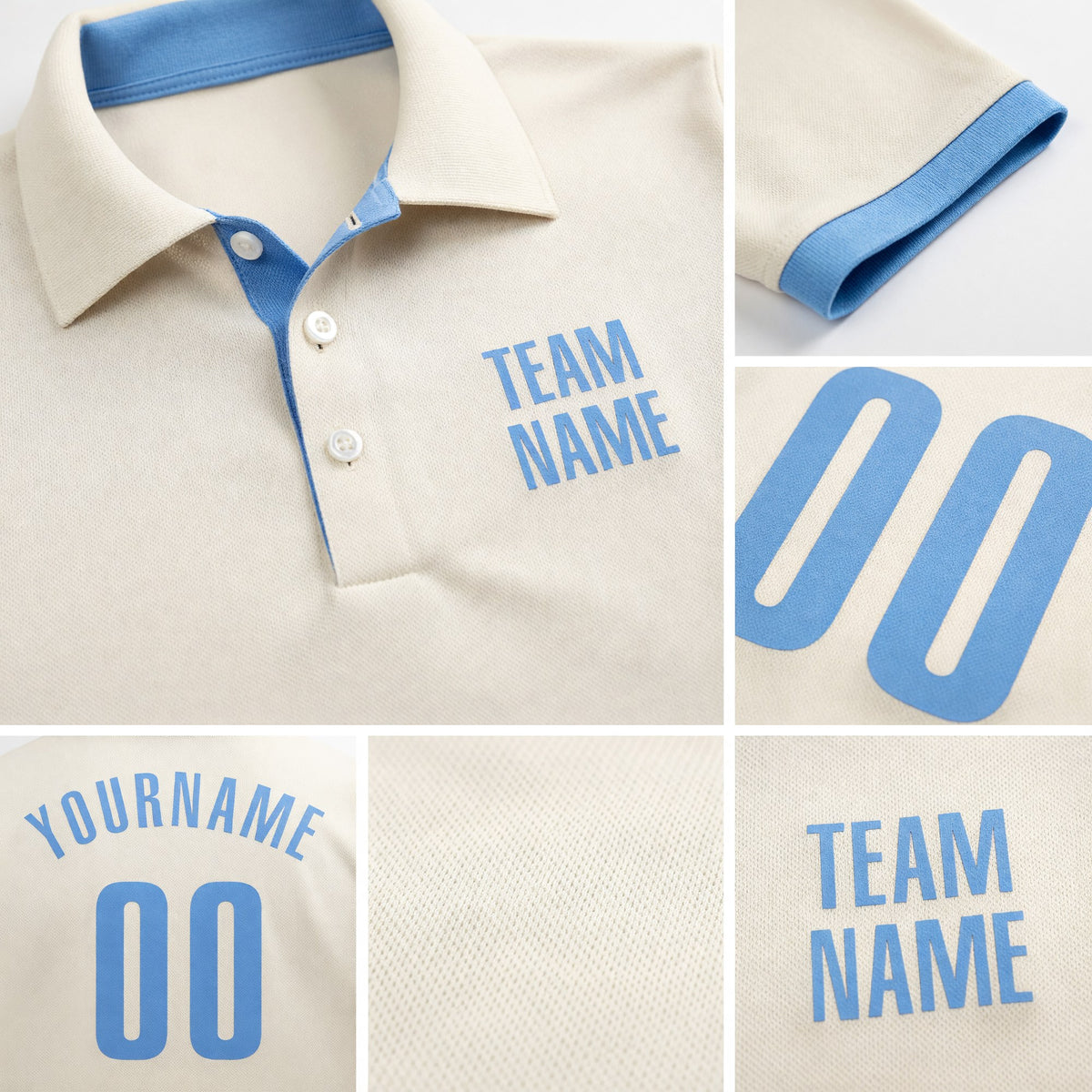 Custom Cream Light Blue Performance Golf Polo Shirt detail