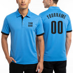 Custom Light Blue Black Performance Golf Polo Shirt worn front and back