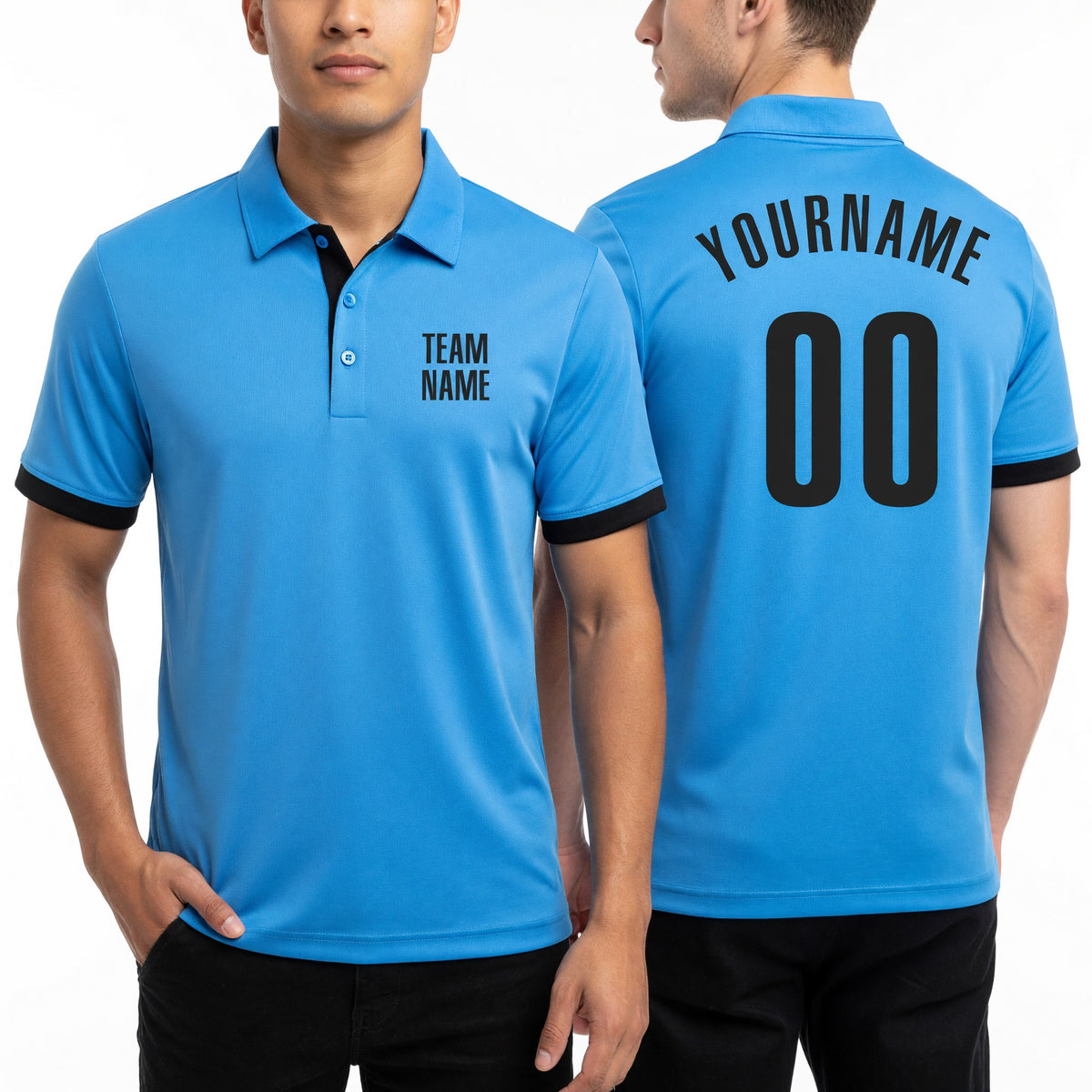 Custom Light Blue Black Performance Golf Polo Shirt worn front and back