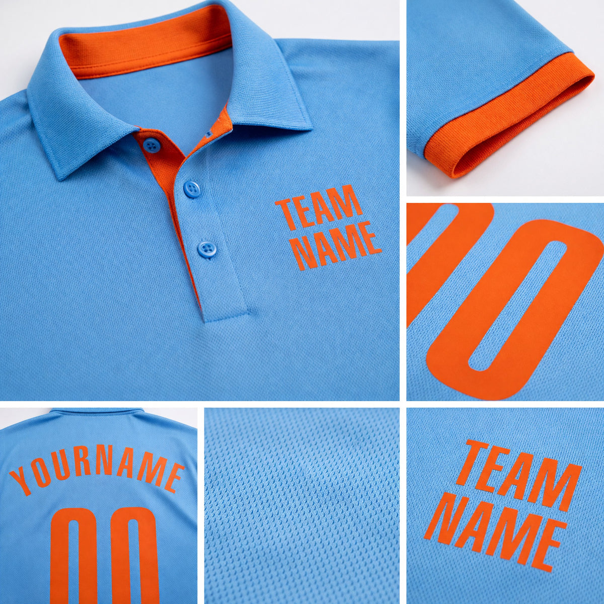 Custom Light Blue Orange Performance Golf Polo Shirt detail