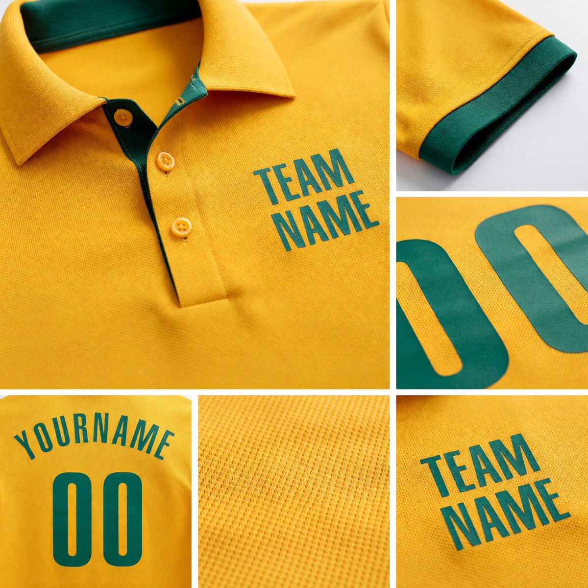 Custom Gold Kelly Green Performance Golf Polo Shirt detail