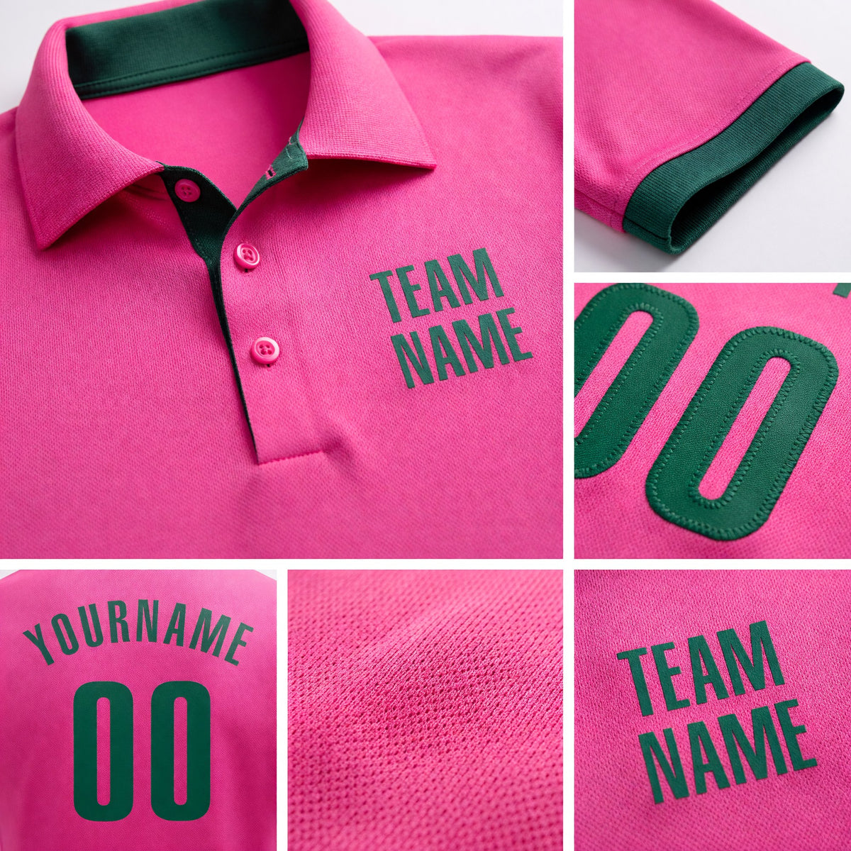 Custom Pink Kelly Green Performance Golf Polo Shirt detail
