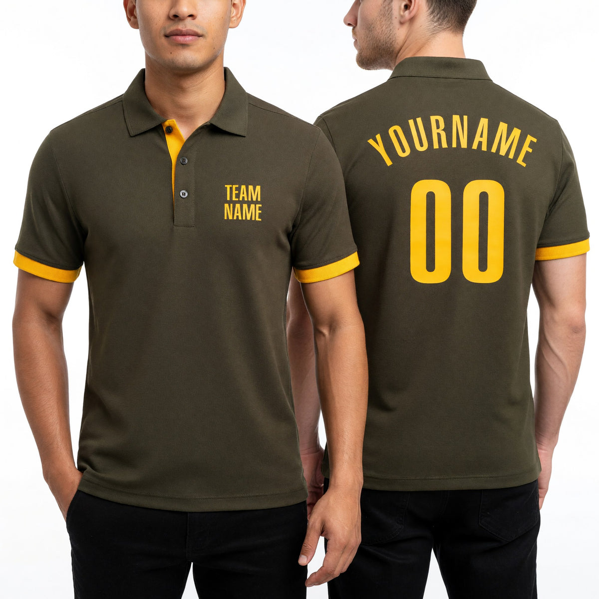 Custom Olive Yellow Performance Salute To Service Golf Polo Shirt worn front and back